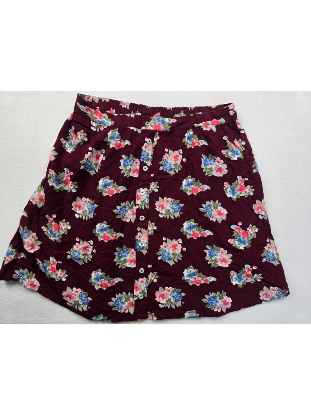Hollister Floral Button-Front Skirt Burgundy Elastic Waist Womens M
